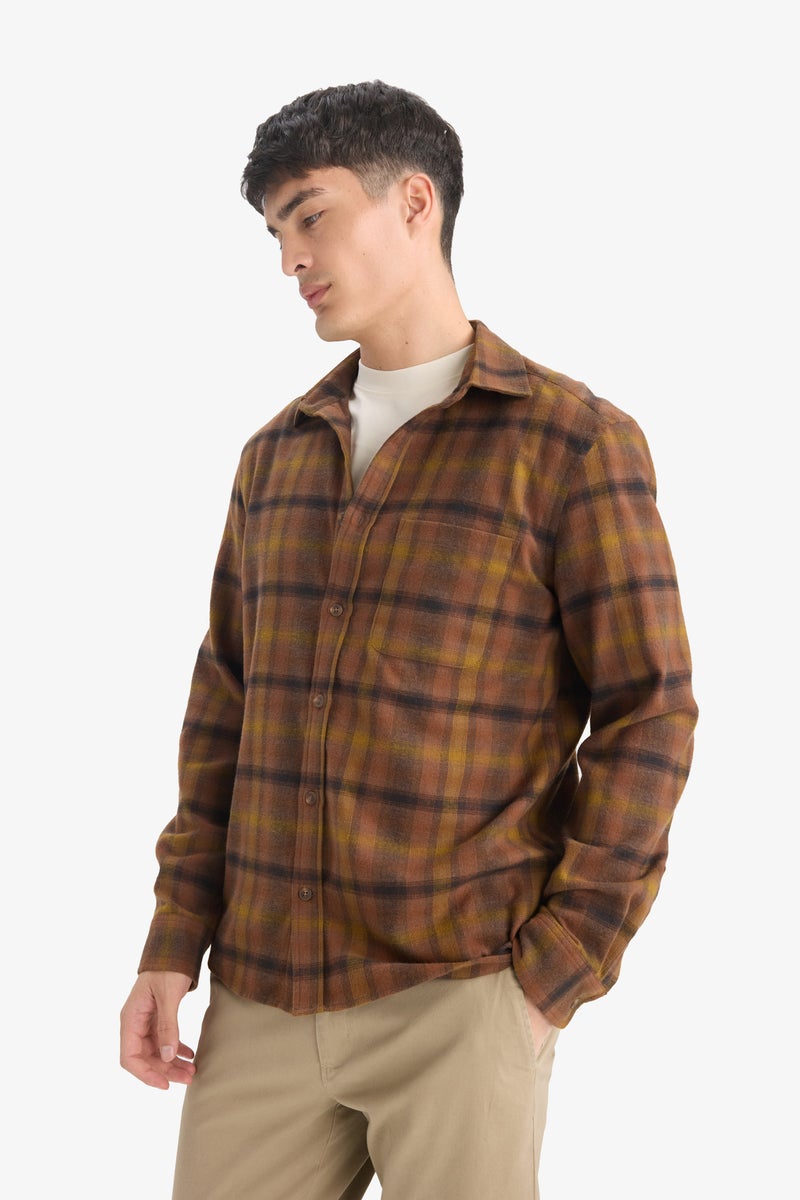 DeFacto Brown Man Regular Fit Polo Collar Plaid Flanel Long Sleeve Shirt Casual - Image 4